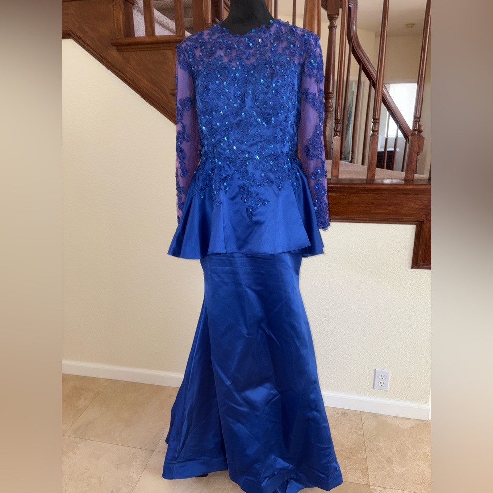Royal blue long sleeve beaded sequin top with ruffle peplum skirt and train